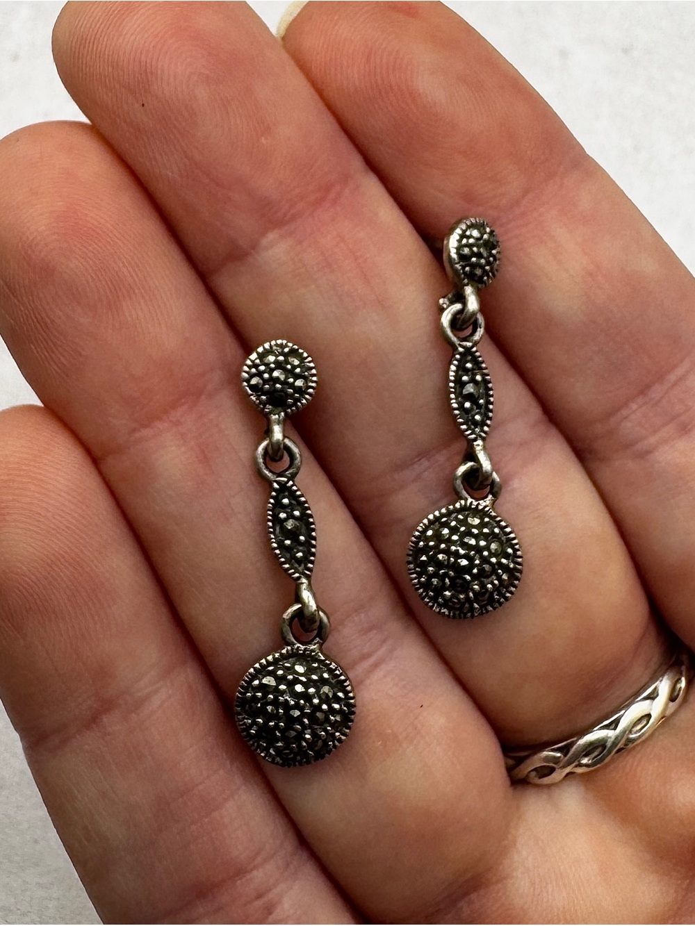Sterling Silver 925 Marcasite Drop Earrings, Marked